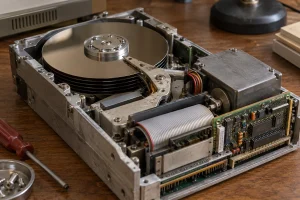 Se examina un disco duro externo TRS-80 de 12 MB de 1983