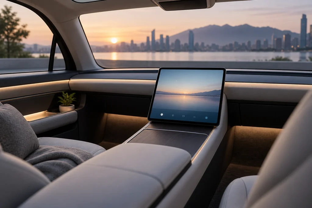 Nel Tesla Cybercab non ci sono comandi manuali; tuttavia è presente un joystick virtuale