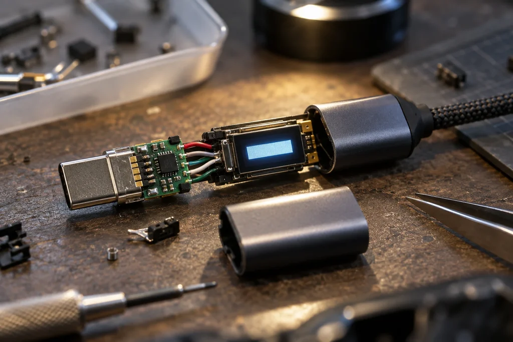 Entegre LCD’li bir USB-C kablosunun söküm incelemesi