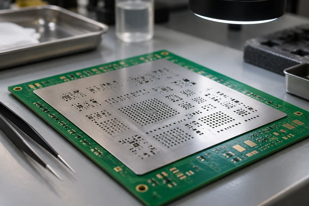 Lehim şablonları, lehim pastasını PCB’ye hassas biçimde uygulamak için kullanılıyor.